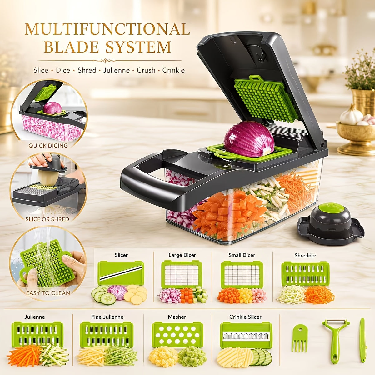16pcs Upgraded Vegetable Chopper, Multifunctional Fruit Slicer, Handle Based Food Grater, Container Cutting Tool, Multi Blade Replaceable Onion Chopper, Household Potato Slicer