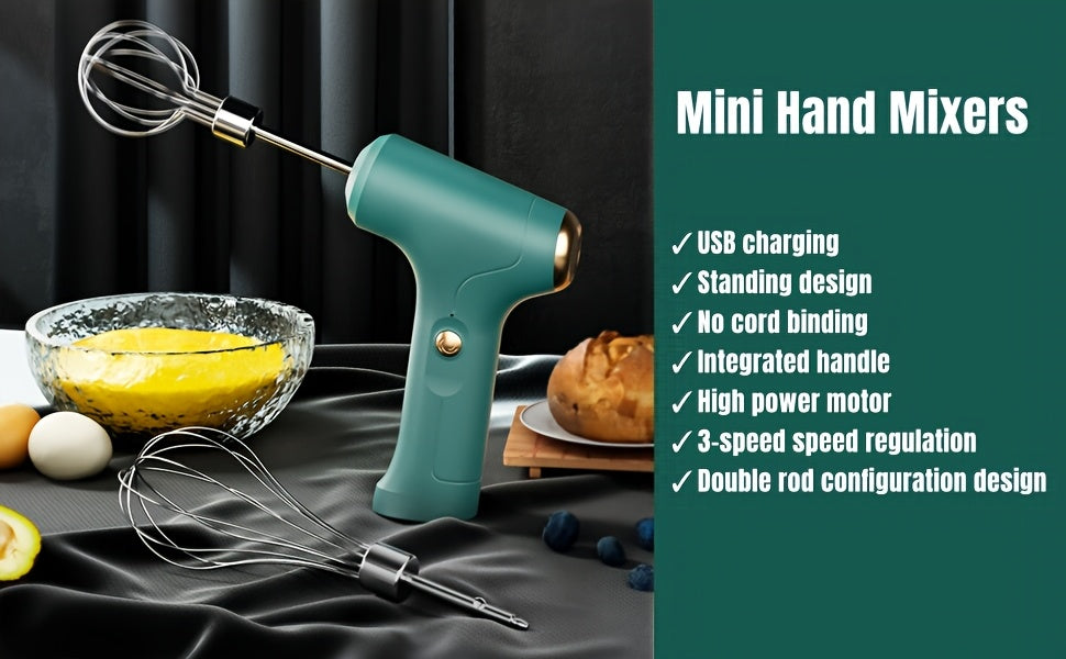 Hand Mixer | Household Cordless Electric Hand Mixer, USB Rechargeable, 304 Stainless Steel, With 2 Detachable Stir Whisks, 3 Speed Modes for Kitchen Baking