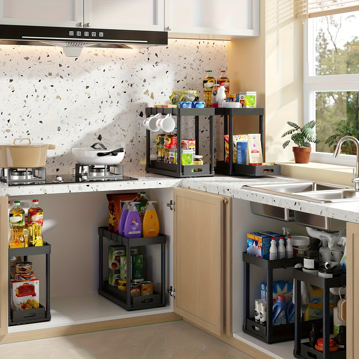 [2pcs Under Sink Organizer] Under Sink Organizer 2pcs, Under Sink Organizers And Storage, Double-tier Sliding Storage Basket, Kitchen Accessories, Kitchen Storage Solutions, Bathroom Organizers And Storage, Storage Rack with 8 Hooks.