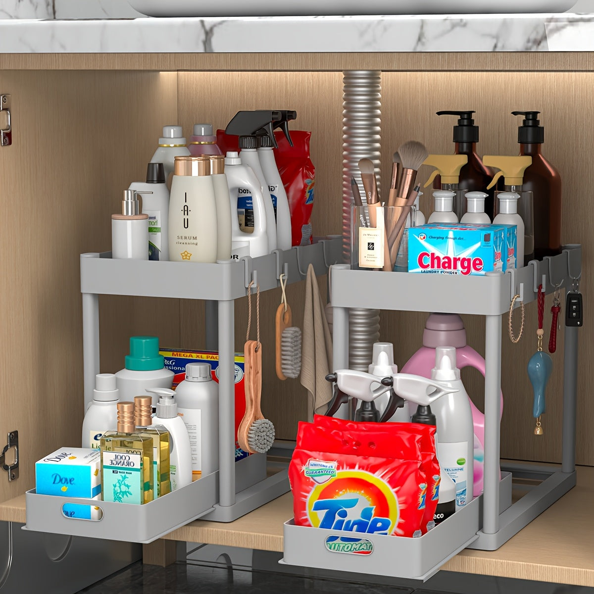 Set of 2 Under-Sink Organizers, Bathroom Cabinet Storage Solution, Dual-Tier Sliding Basket Drawers, Versatile Bath Collection Baskets for Under-Counter Storage with 8 Hooks