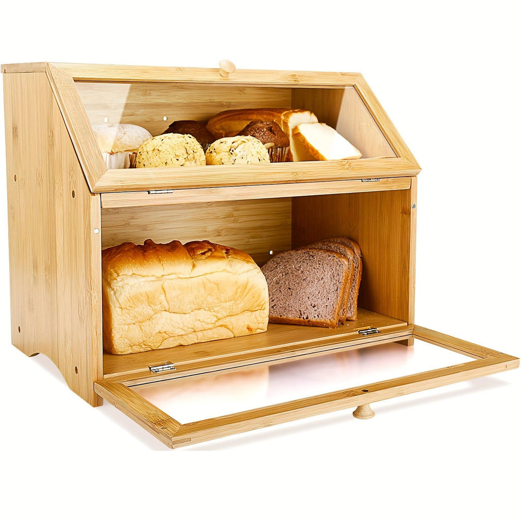 Double Layer Large Bread Box for Kitchen Counter, Wooden Large Capacity Bread Storage Bin (Natural Bamboo)