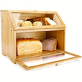 Bamboo Bread Box for Kitchen Counter, Large Double Layer Storage Bin with Clear Window Doors for Loaves, Rolls and Breakfast Organization
