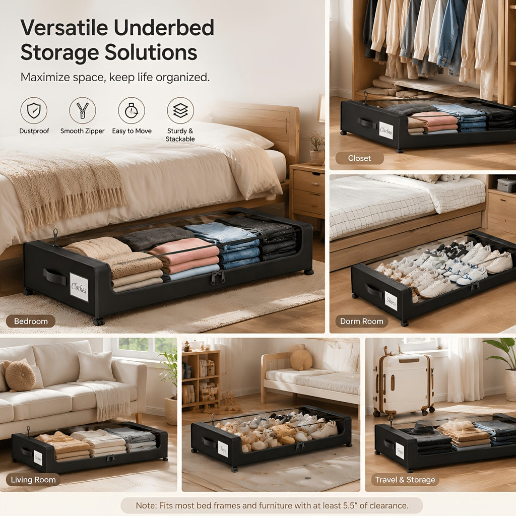 2-Pack Under Bed Storage with Wheels: XXL 17.17gal Underbed Storage Containers with Clear Lids - Rolling Drawers And Bins for Shoes, Clothes in Dorm Bedroom - Space-Saving Easy Pull-Out, Black, Under-Bed Storage