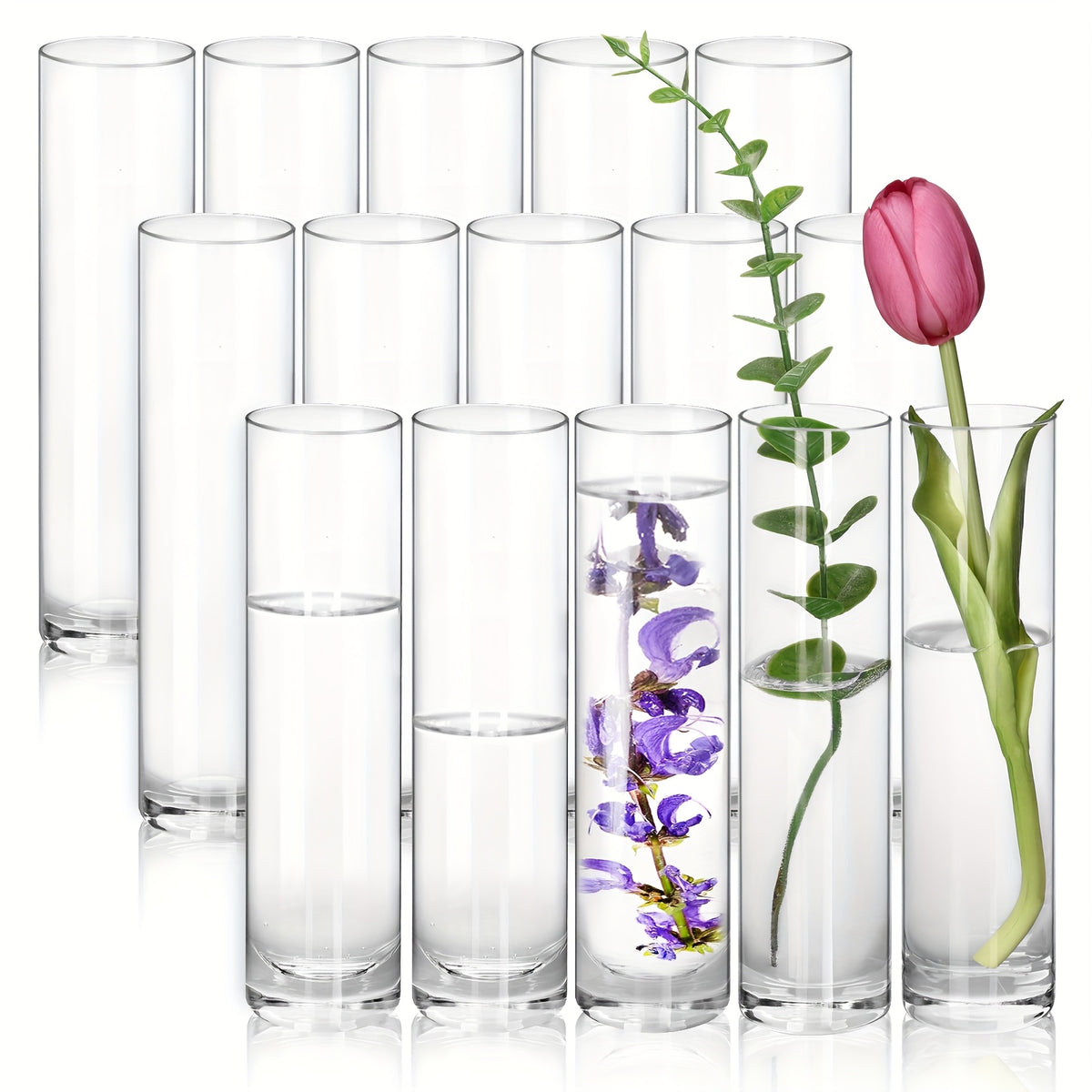 TOMNK 15/30/50pcs Glass Cylindrical Vase for Centerpiece, Clear Small Vase, Handmade Slender Vase Wedding Table Decoration Single Rose Vase Bulk, Home Aesthetics Desk Decoration, Party Decoration