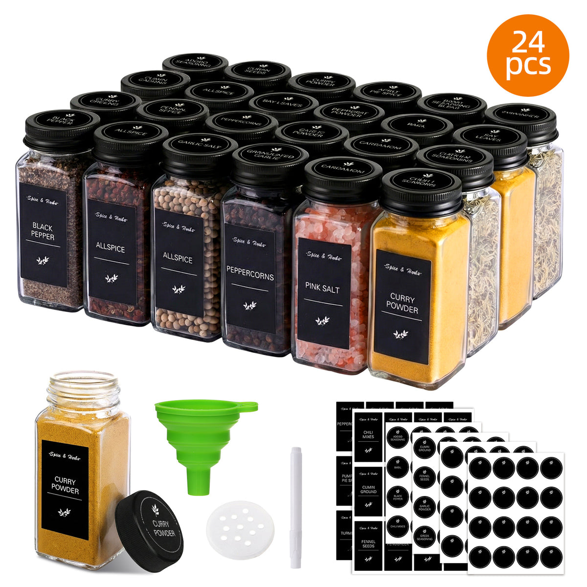 whonline 16pcs/24pcs/36pcs/48pcs Spice Jars, 4oz Glass Spice Jars with Labels - Shaker Lids, Collapsible Funnel, Brush and Marker, Seasoning Bottles for Spice Rack Drawer Cabinet