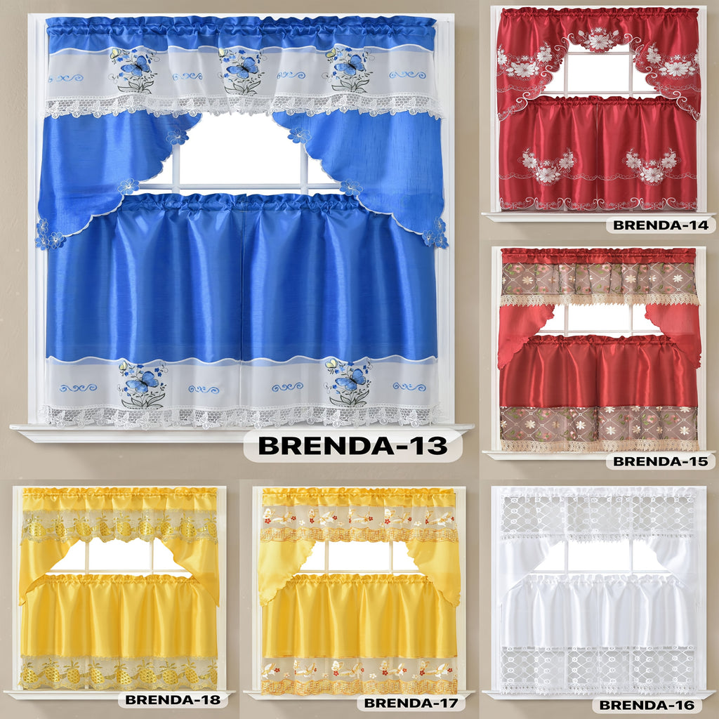 Embroidered Kitchen Curtain Set, 3-Piece Lightweight Soft Satin Window Decor with One Valance and Two Tier Panels, Machine Washable Easy-Care Design