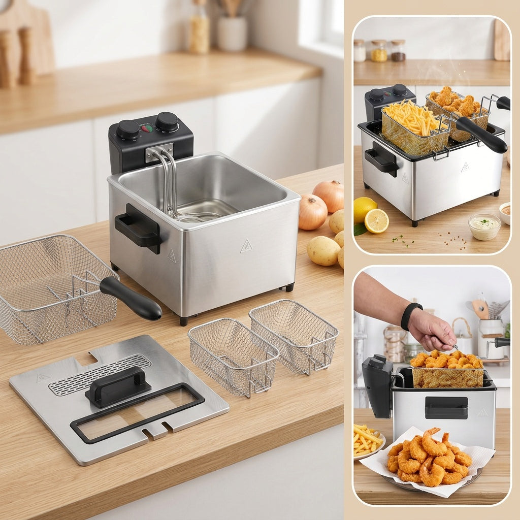 101.44oz/1.32gal Electric Deep Fryer, 1700W Large Fryer with Time & Temperature Control for Home Use, Kitchen Essential, Local Warehouse, Frying Baskets, Lid with View Window, Stainless Steel, Gift for Cristmas & Halloween. Suitable for Cooking