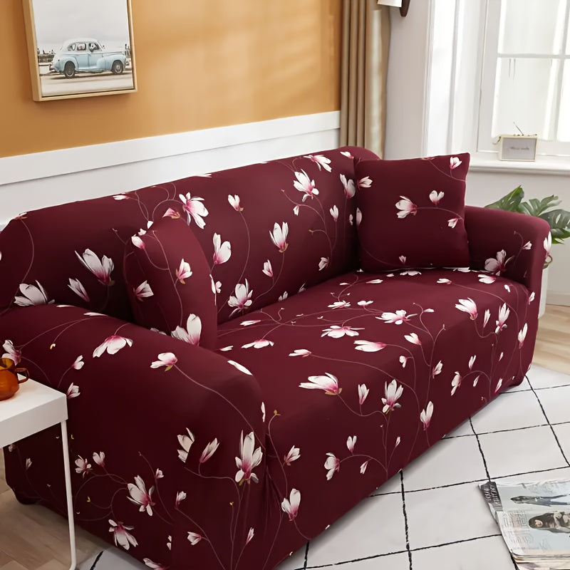 Modern Stretch Full-Size Sofa Cover - High-Stretch Polyester Blend, Non-Slip & Machine Washable, Digital Print Telescopic Fit for 1-4 Seater Sofas, Home & Office Dual-Use, Contemporary Style, Furniture Protector, Floral Pattern, Snug Elastic, Furniture Sl