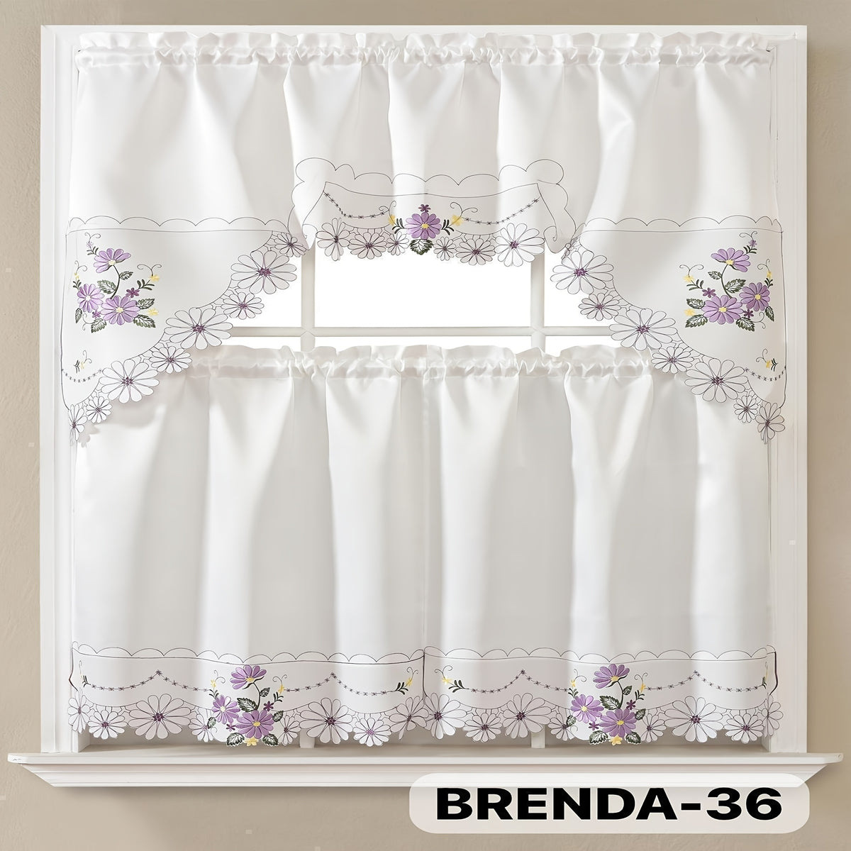 3pcs Bamboo Embroidered Kitchen Curtain Set, Floral Embroidery, Lightweight and Soft, Easy Care, Machine Washable, Satin Fabric, Embroidered