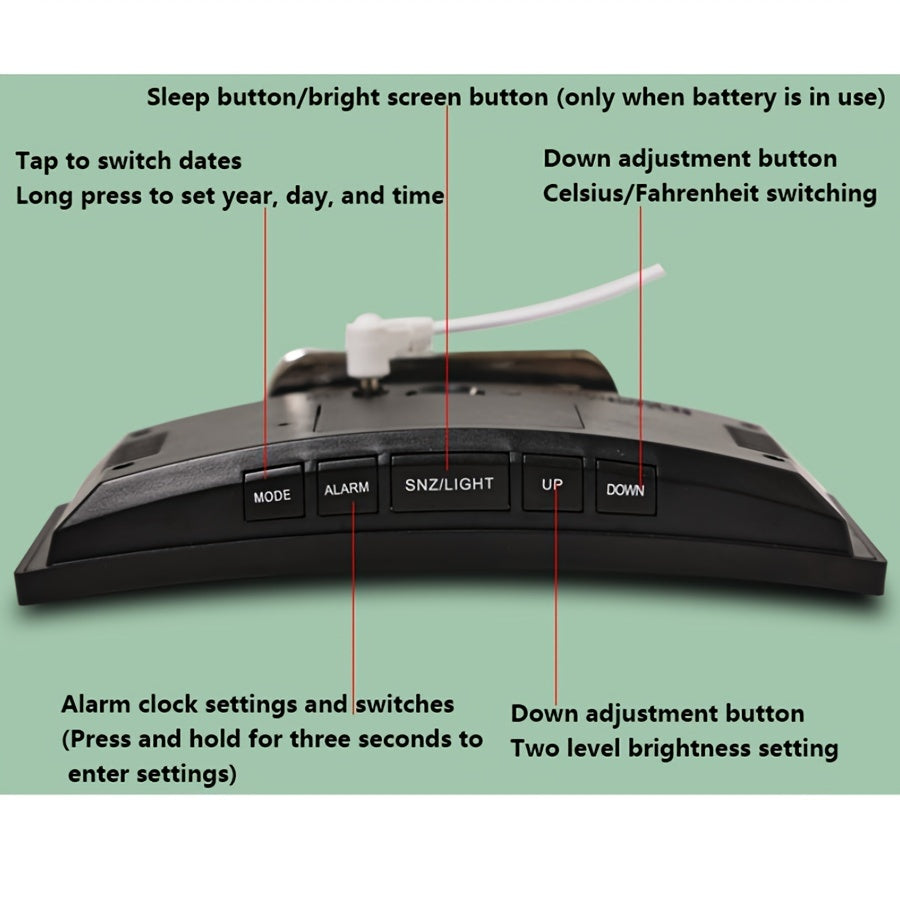 1pc 6.6-Inch Multifunctional LED Alarm Clock with Curved Large Screen Display - Desk Clock Can Show Time, Temperature, and Humidity, Plug-In Use/ Three-Section Seven Battery (Only Battery Use Screen Will Automatically Turn Off)