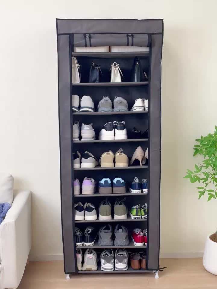 10-layer 9-compartment Large Sturdy Non-woven Shoe Cabinet, with Dust Cover Two Cloth Bags, Space-Saving Narrow Design, Easy Assembly for Entryway, Closet, Dorm, Home - Multi-Layer Combination Storage Cabinet for Cloth And Steel Shoes