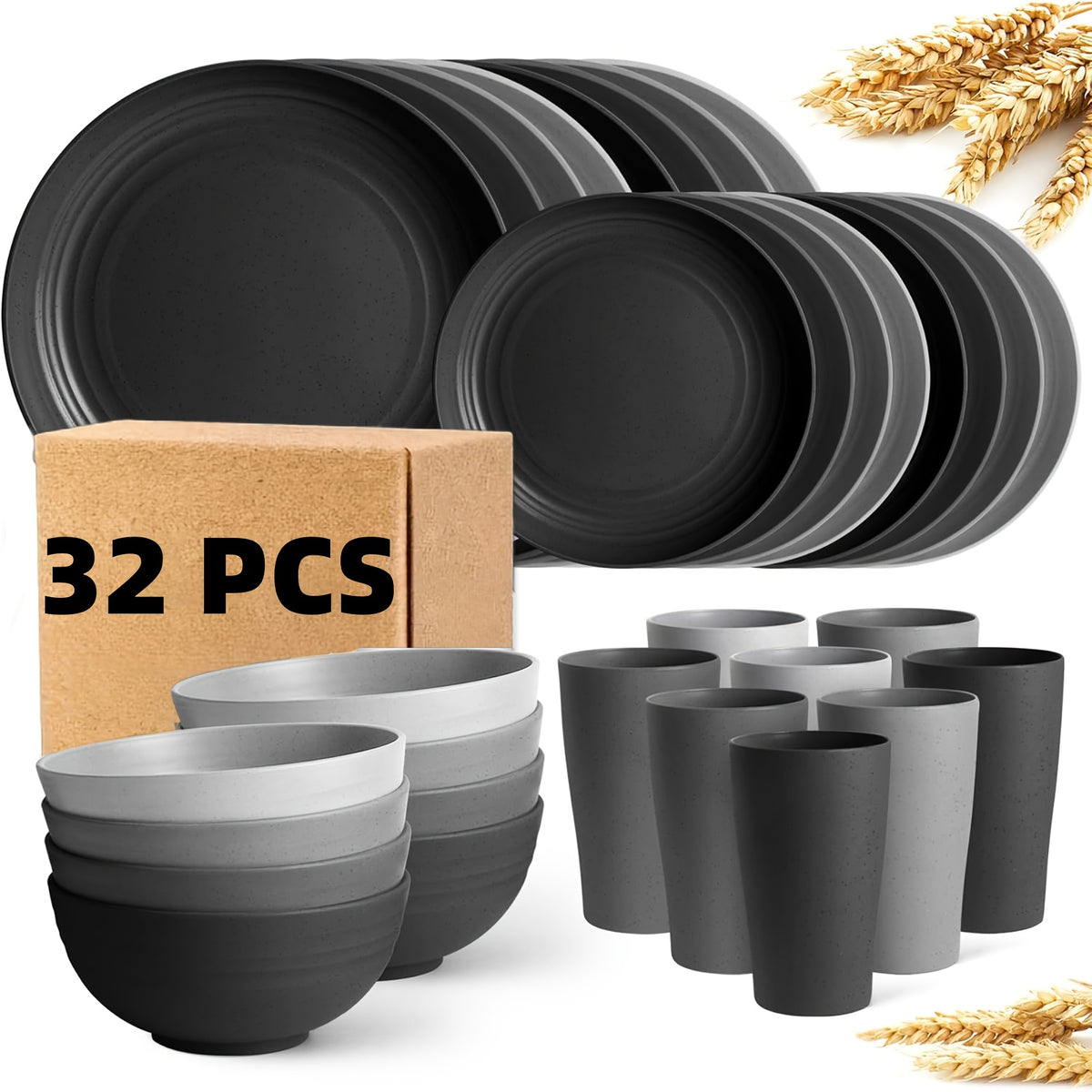 16pcs/32pcs Kitchen Wheat Straw Large Size Dinnerware Set, for 4/8, Unbreakable Modern Dish Set Dinner Plate/Dessert Plate/Cereal Bowl/Cup, Dishwasher Safe, Lightweight Tableware, Camping And Everyday Use, Gifts for Men/Women/Christmas/Halloween