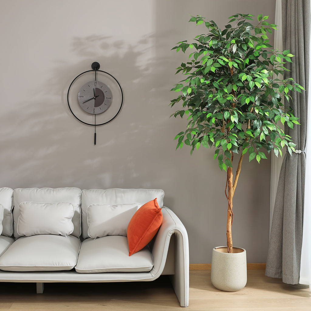 Tall Artificial Ficus Tree - Fake Greenery Potted Plant with Natural Wood Trunk And Lifelike Leaves-Elegant Indoor Outdoor Living Room Home Decor