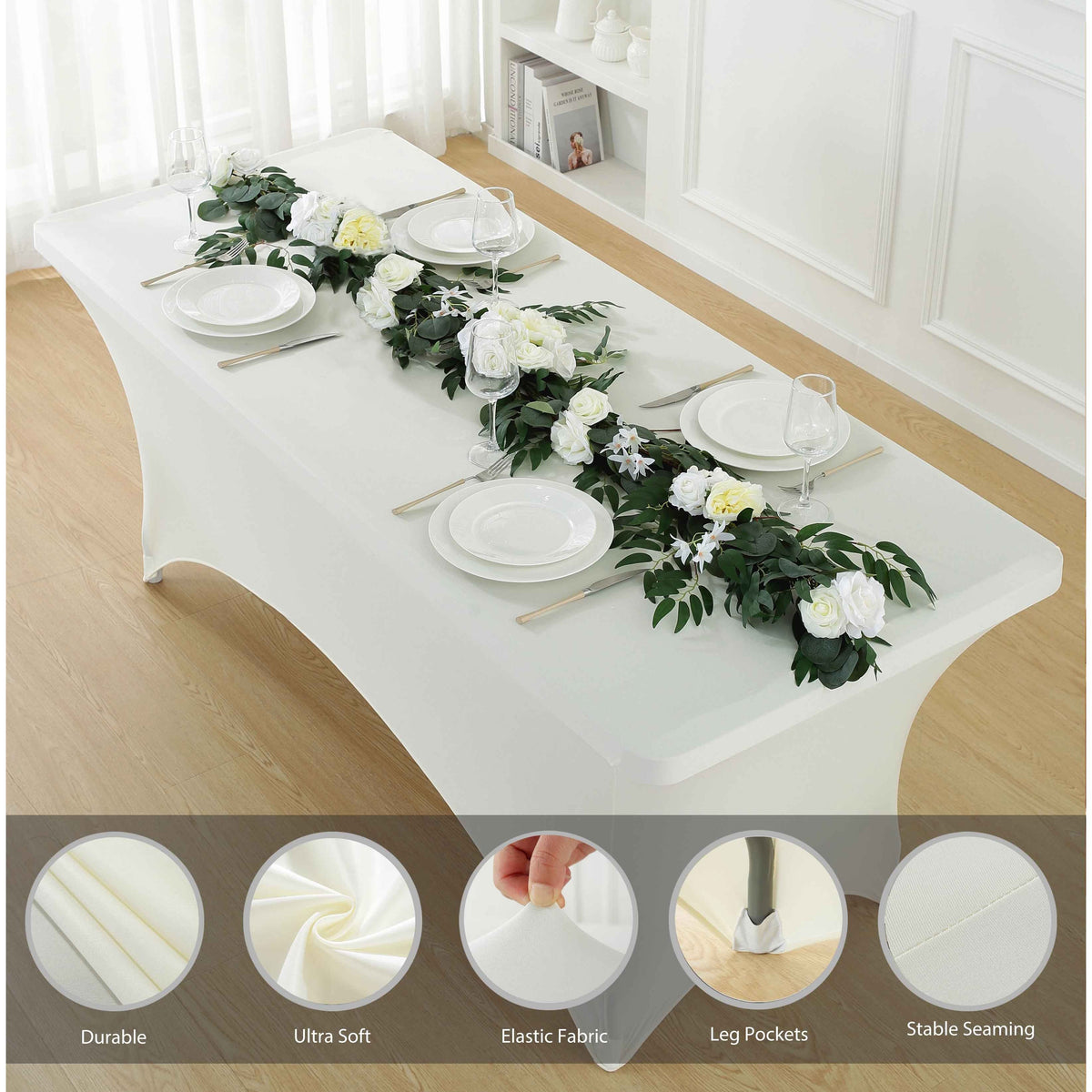 1pcs 4ft/6ft/8ft Spandex Tablecloth, Fitted tablecloth, Wrinkle Resistant Stretchable Rectangle Table Cover For Event, Wedding & Parties