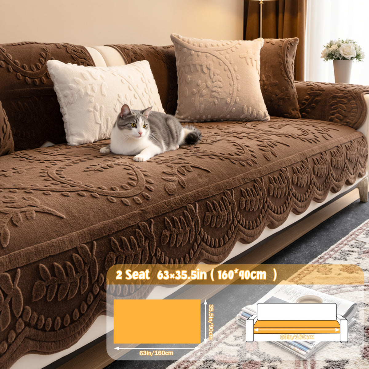 1pc Thickened Quilted Machine Washable Sofa Cushion, Faux Rabbit Fur Comfort Warm Non-slip Plush Sofa Cover, Breathable and Comfortable Pet-friendly for Bedroom, Office, Living Room, Suitable for 2/3/4-seater Sofa, Home Winter Decor, Christmas Gifts