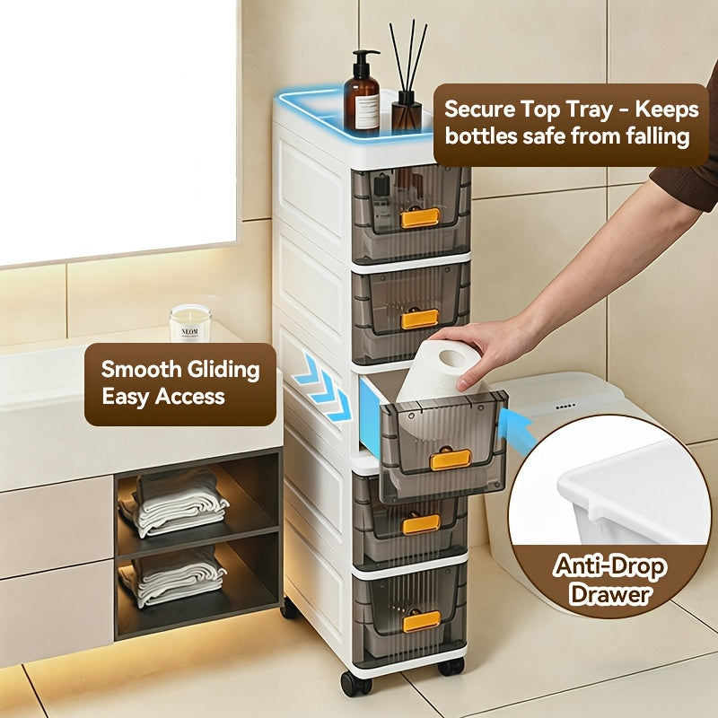 Deluxe Slim Storage Cabinet with Drawers - Durable Waterproof PP Material, Multi-Purpose Organizer with Ample Storage for Bathroom, Kitchen, Personal Care Product Dispensers, and More - Ideal for Small Spaces, Storage Drawer Units