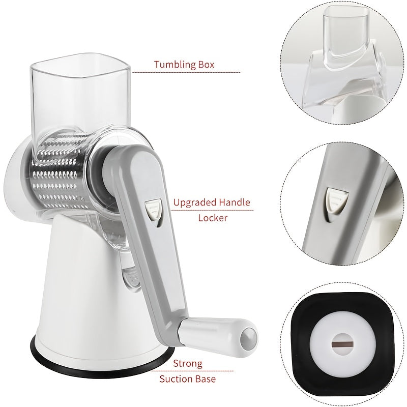 Rotary Cheese Planer Hand Crank Cheese Shredder Fresh Cheese, Vegetable Nuts, Non-Slip Suction Base, Free Cleaning Brush Three Blades