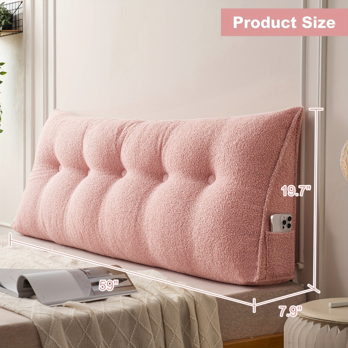 Headboard Reading Pillow, Triangular Teddy Velvet Backrest Cushion with Side Pocket and Removable Washable Cover for Twin, Queen and King Beds