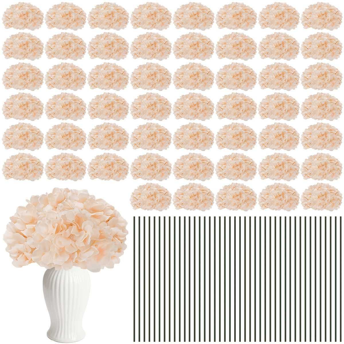 Set of 24 Synthetic Hydrangea Blooms with Stems, Ideal for Wedding Decorations, Home Parties, Baby Showers, And Store Displays. These Floral Arrangements Are Long-Lasting And Can Be Reused, Available in White, Orange, Blue, Dreamy Purple, Champagne