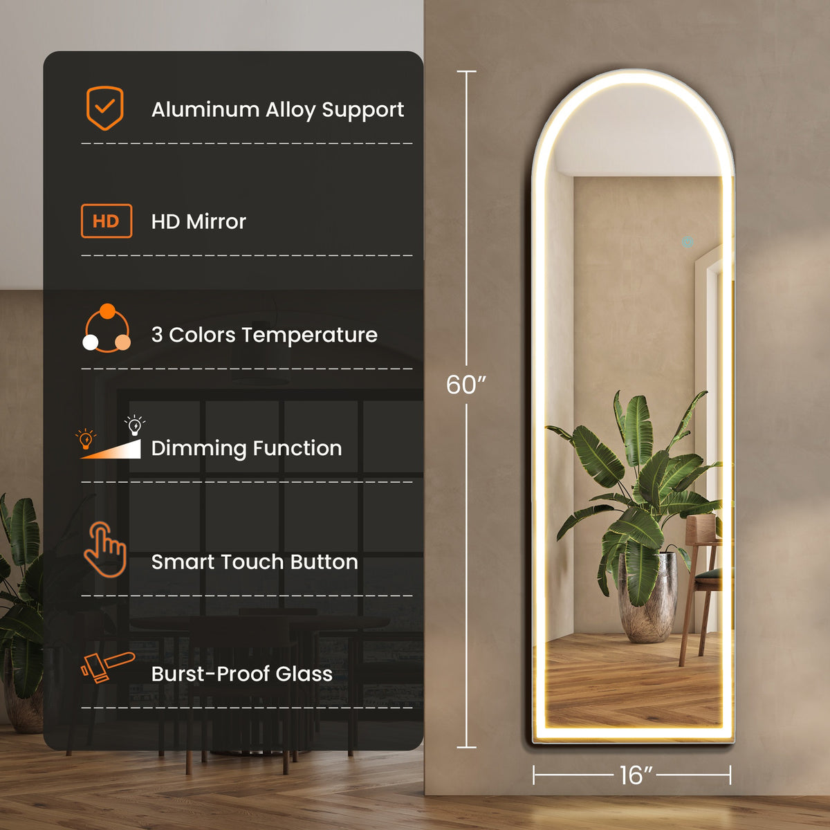 MCQ Arched/Rectangular LED Full Length Mirror, Full Body Floor Mirror Standing Hanging or Leaning Wall, Arch Wall Mirror with Stand Aluminum Alloy Thin Frame for Bedroom, Bathroom, Store