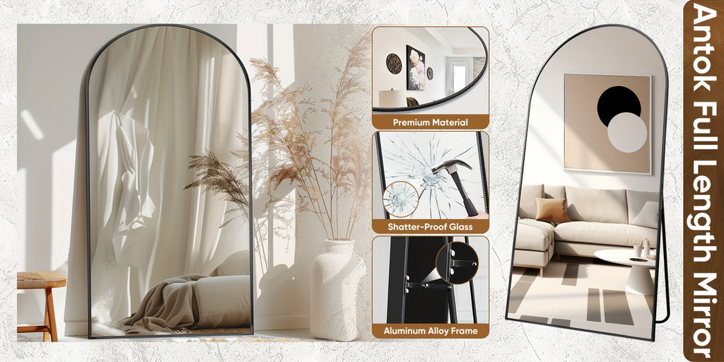 Black Arched Full Length Mirror, 58 x 18 Inch Aluminum Alloy Frame Full Body Floor Mirror with Stand for Bedroom, Entryway and Living Room