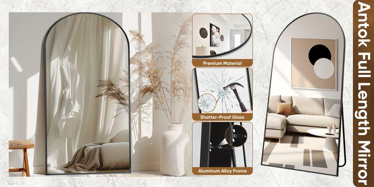 Black Arched Full Length Mirror, 58 x 18 Inch Aluminum Alloy Frame Full Body Floor Mirror with Stand for Bedroom, Entryway and Living Room