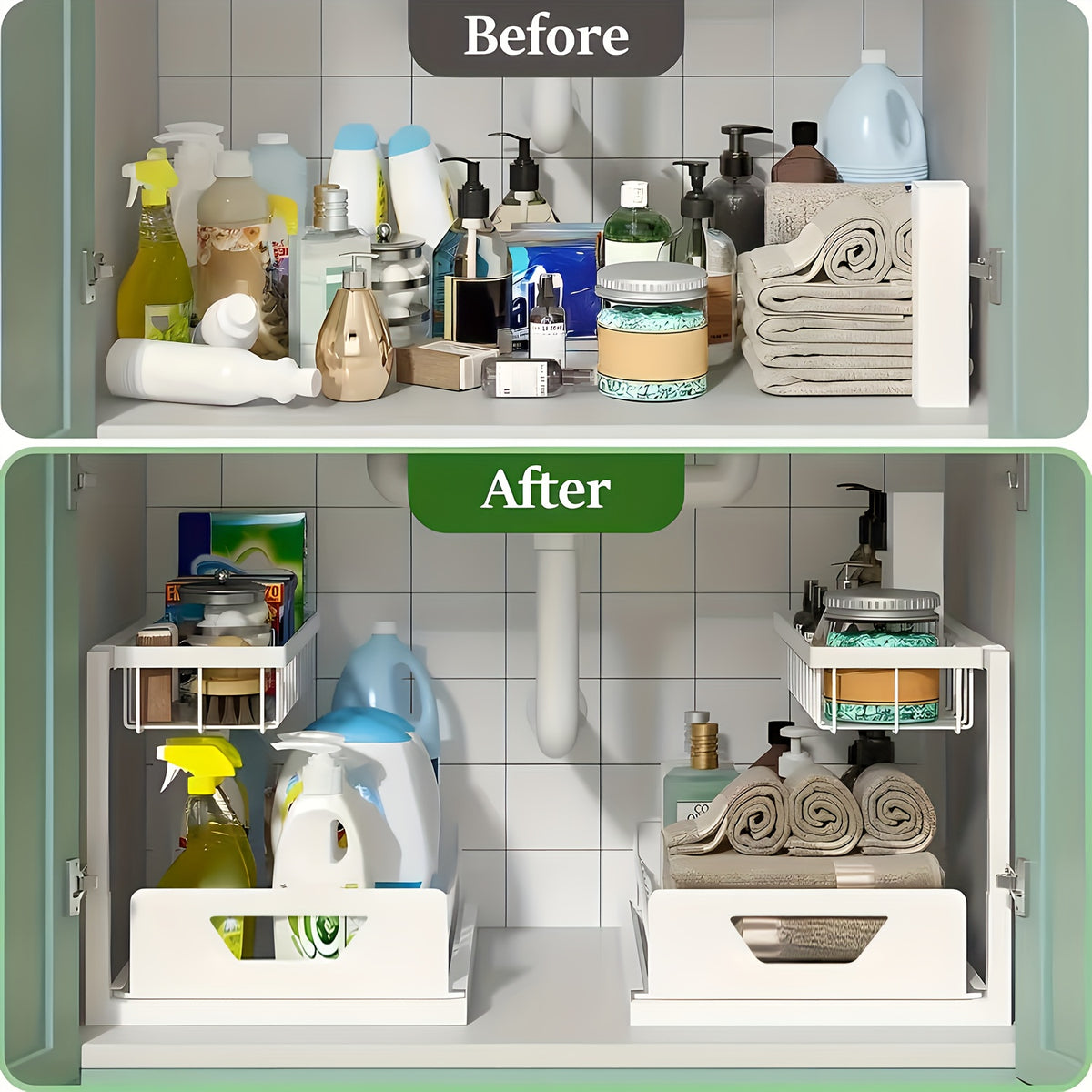 2Pack-2-Tier Slide-Out Under Sink Organizer -Pull-Out Cabinet Shelf with Adjustable Compartments, Featuring a Sliding Pull-Out Shelf Made of Metal, Ideal for Organizing Kitchen, Bathroom, Pantry, Or Closet Spaces