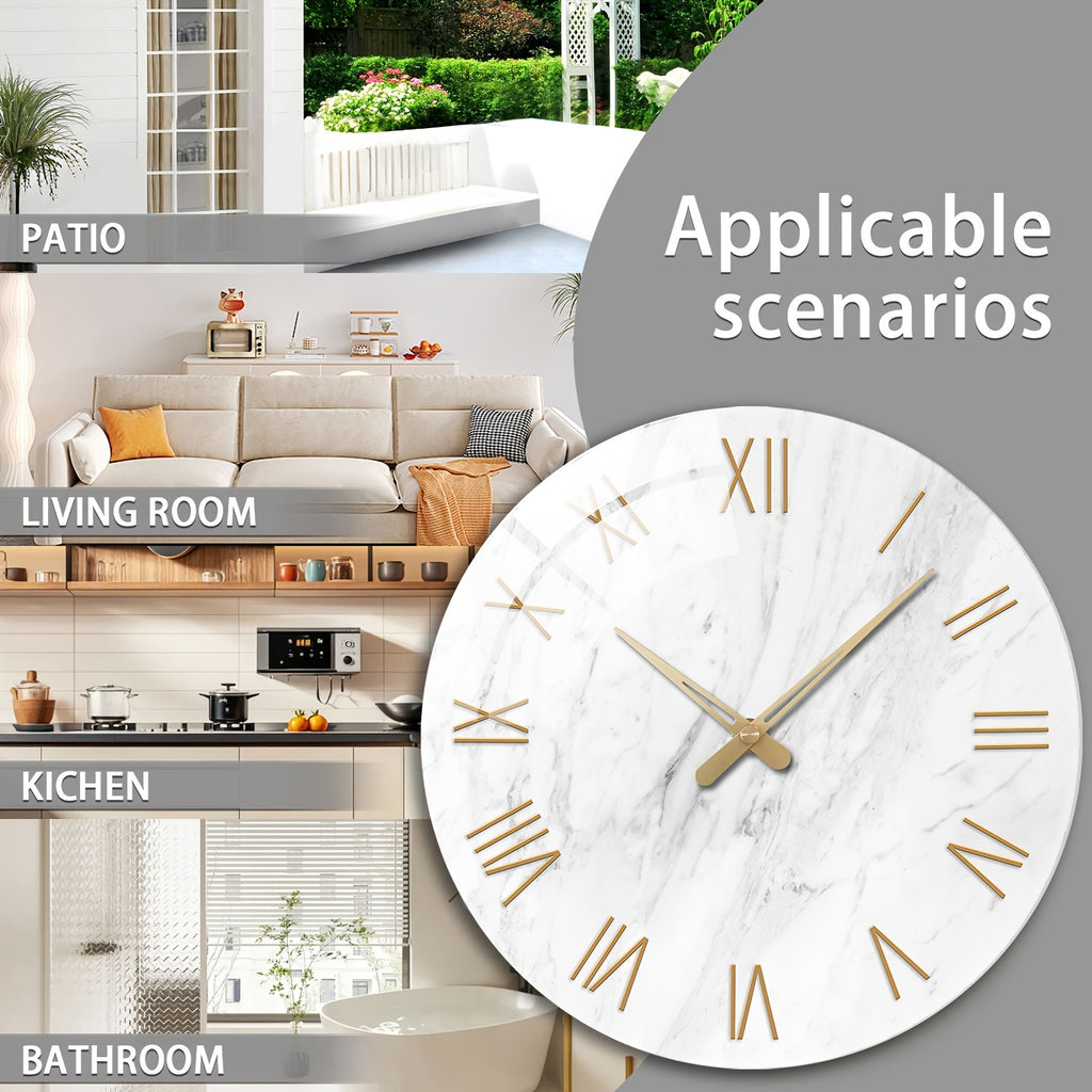 Modern White Tempered Glass Large Wall Clock - 4mm Thickened, 12-24 Inch Marble Texture Silent Clock, Large Size, Battery Powered, Handcrafted, Suitable For Living Room, Aesthetic Room, Bedroom, Office Decorative Clock, Ideal Gift