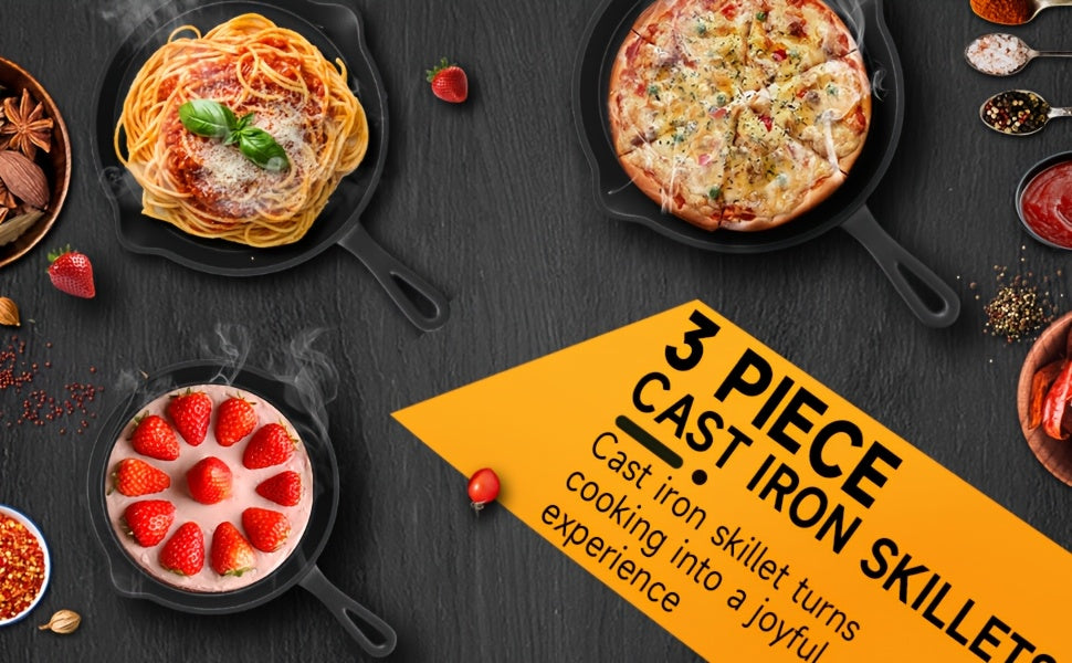Premium 3pcs Cast Iron Skillet Set - Non-Stick Skillet with Drip Spout, Perfect for Holiday Cooking, RV Use, And Campfire Meals