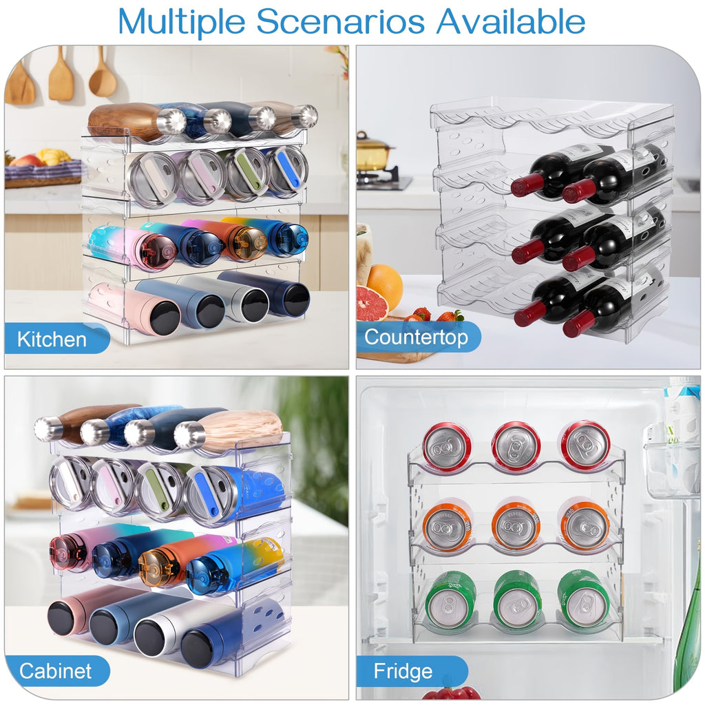 Stackable Water Bottle Organizer, Large Compartment Water Bottle Holder, 4 Tier Clear Water Bottle Organizer for Cabinet, Bottle Rack for Kitchen Organization And Storage - Hold 16 Bottles