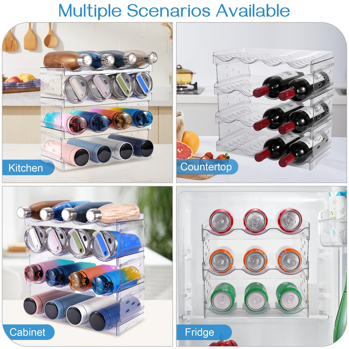 Stackable Water Bottle Organizer, Large Compartment Water Bottle Holder, 4 Tier Clear Water Bottle Organizer for Cabinet, Bottle Rack for Kitchen Organization And Storage - Hold 16 Bottles