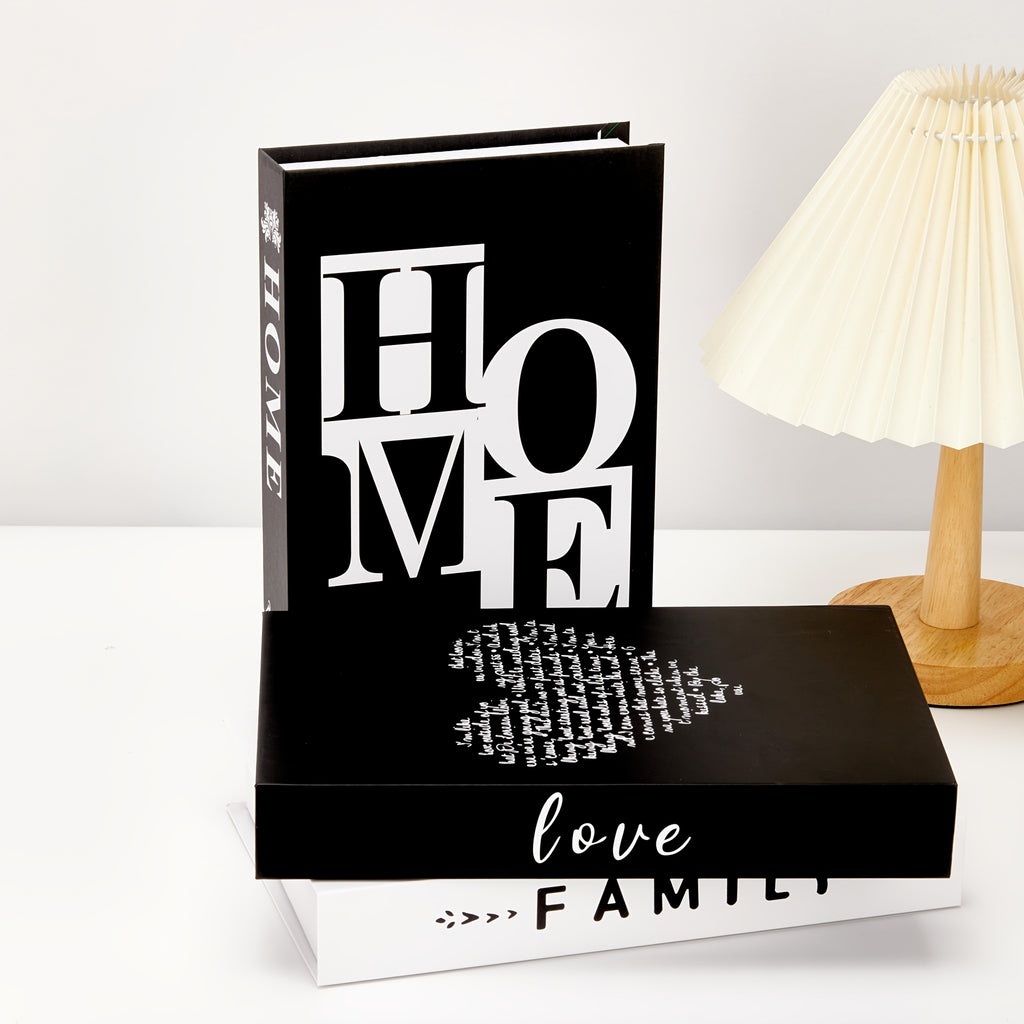 Decorative Books with HOME FAMILY LOVE Lettering, 3-Piece Black and White Faux Book Set for Coffee Table Styling, Living Room Shelves and Mantel Decor