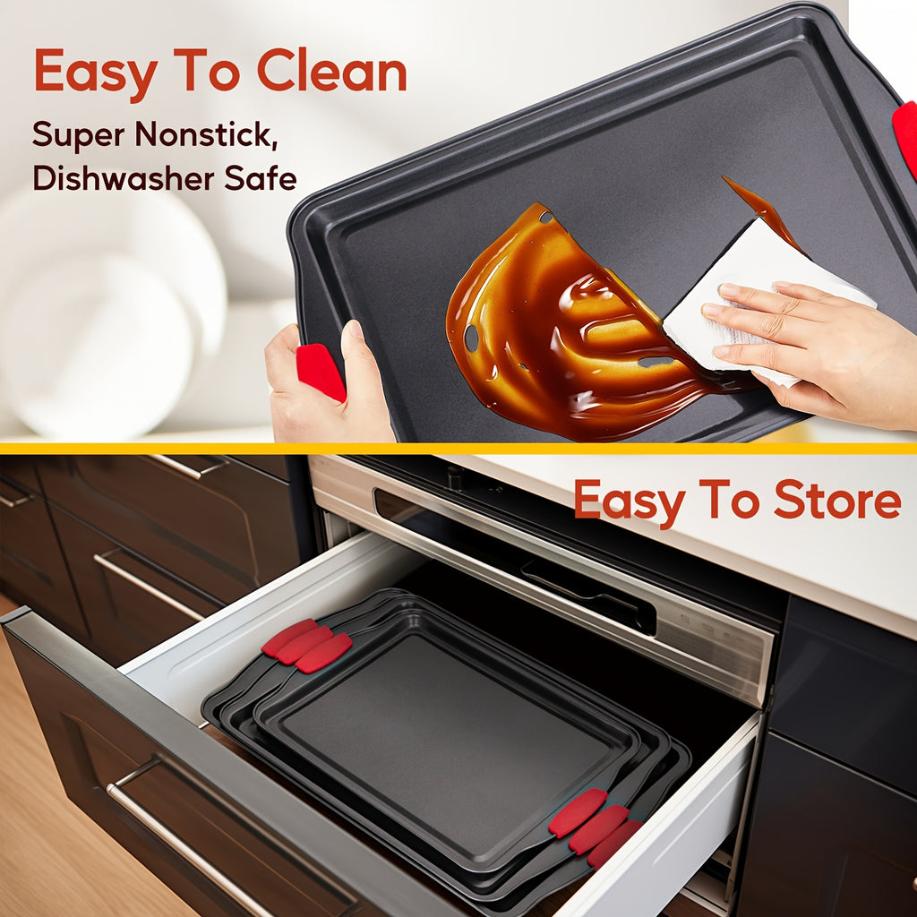 3/9pcs Carbon Steel Non-stick Kitchen Oven Baking Pan, Luxurious And Fashionable Non-stick Inside And Outside, Commercial Grade Restaurant Quality Metal Baking Pan, With Red Silicone Handle