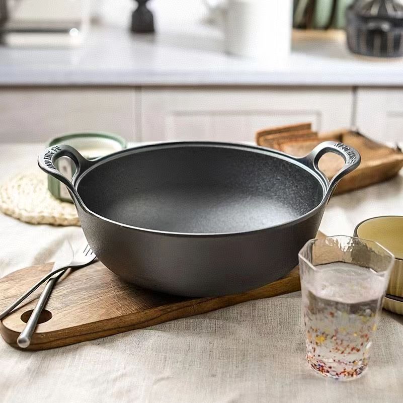 2-Piece/1-Piece Pre-Seasoned Cast Iron Wok Set - Grill & Stove Pan with Handles, Oven Safe Nonstick Skillet for Stir Fry, BBQ, Camping (No Lid)