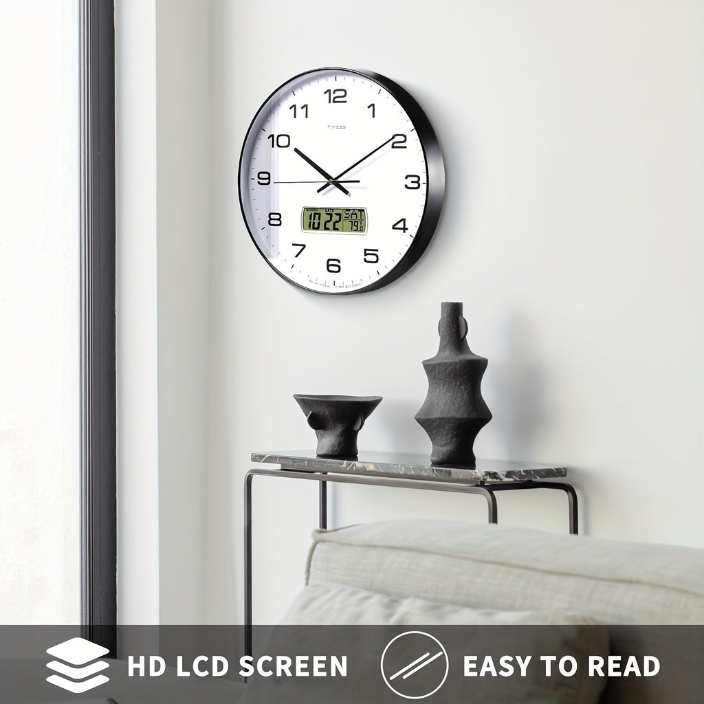 TIMESS calendar display analog wall clock, 10/12/14 inch 4-color large dial silent, can display perpetual calendar and Fahrenheit temperature, bedroom, office, school decoration