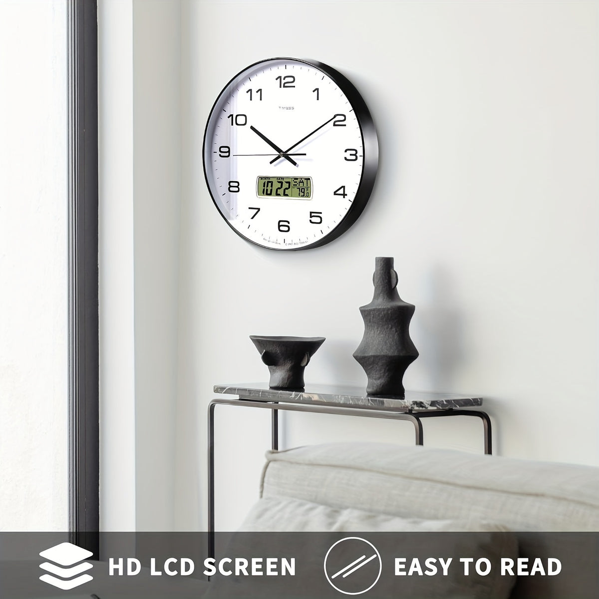 TIMESS calendar display analog wall clock, 10/12/14 inch 4-color large dial silent, can display perpetual calendar and Fahrenheit temperature, bedroom, office, school decoration