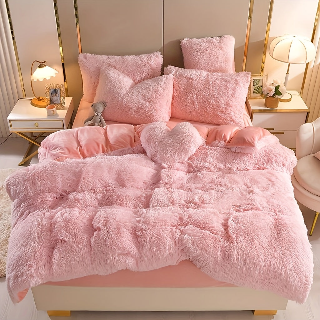 4pcs Fluffy Comforter Cover Set Queen King, Soft Plush Duvet Cover Set with Pillow Shams, All Season Cozy Bedding, No Insert