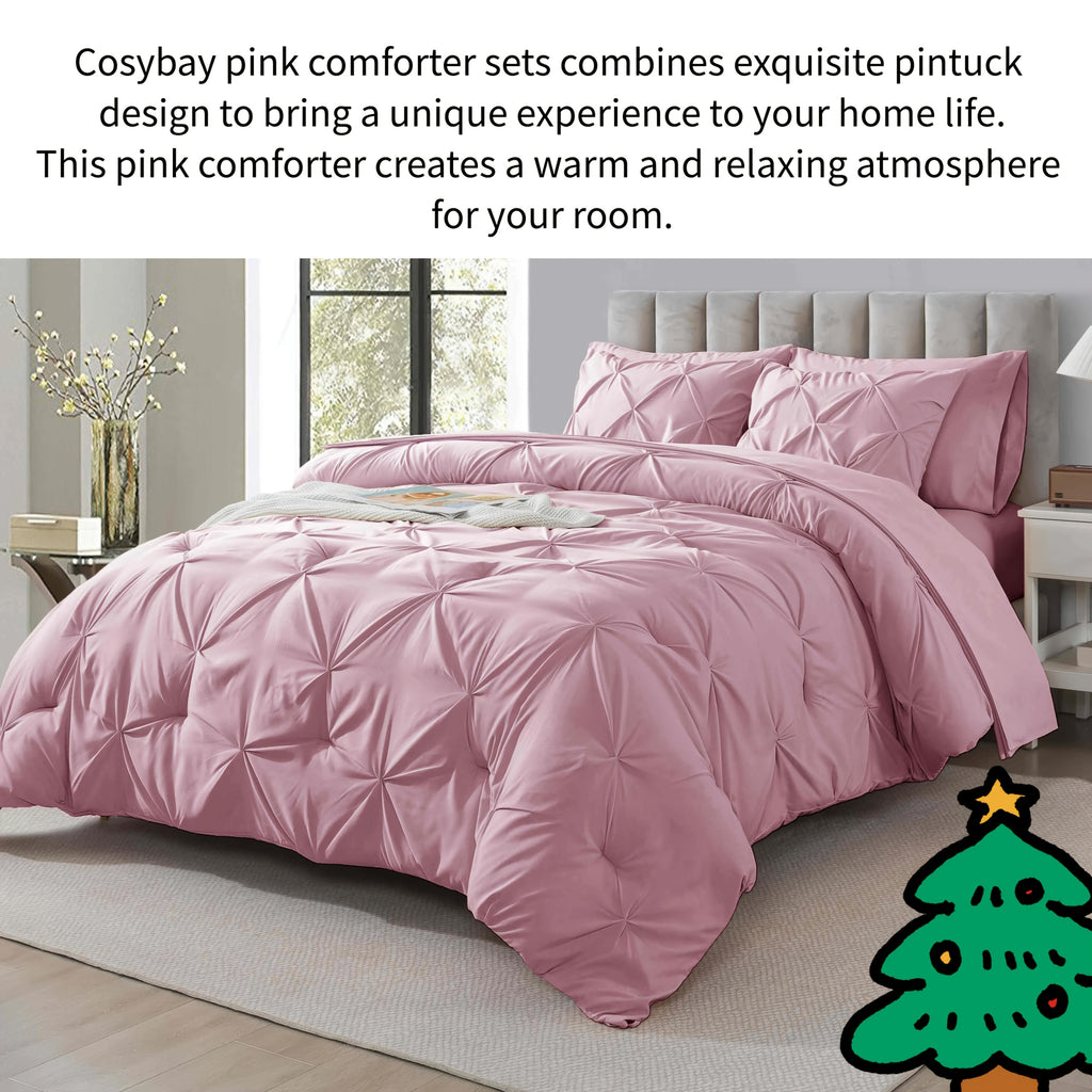 Cosybay 7 Piece Pinch Pleated Comforter Set Queen King Size, Luxury Soft Fluffy Bedding Includes 1 Comforter, 1 Extra Deep Pocket Fitted Sheet, 1 Flat Sheet, 4 Pillowcases & Pillow Covers, Perfect for Halloween Party, Holiday Celebrations & Birthday
