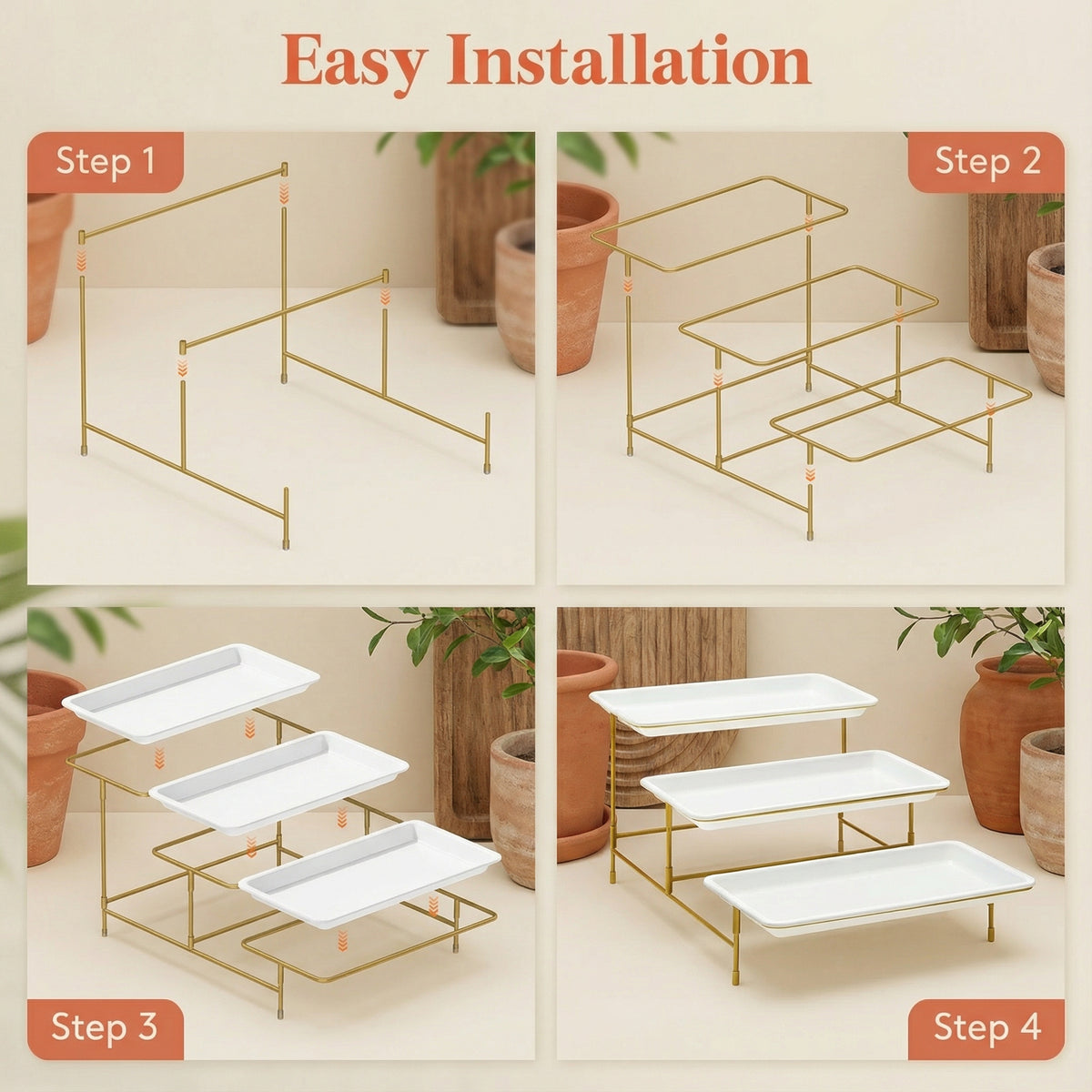 12" x 6.5" Platters for Serving Food, 3 Tier Plastic Serving Tray for Party Supplies, White Reusable Trays with Metal Display Stand for Veggie, Fruit, Dessert