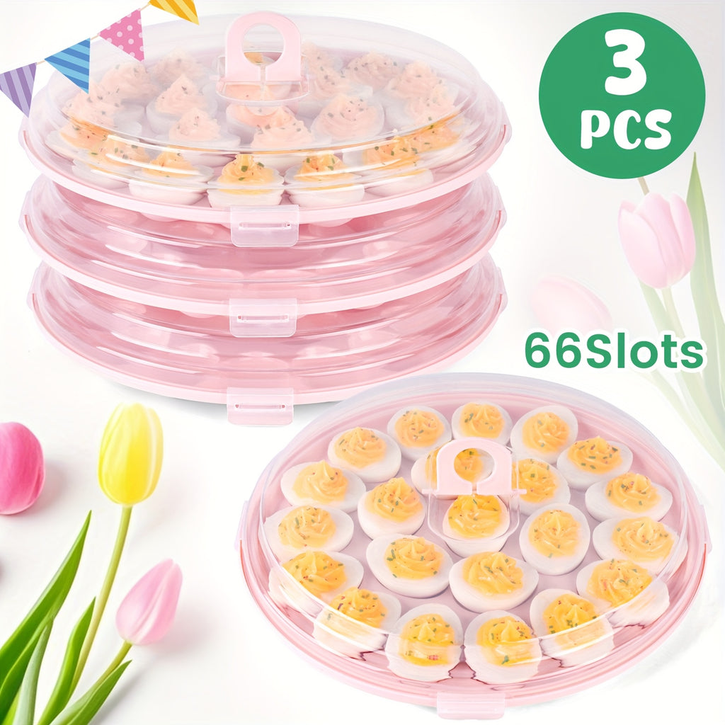 3pcs Deviled Egg Containers with Lid, Deviled Egg Platter with 66 Slots Portable Egg Containers Carrier Holder Trays for Party, Home Kitchen, Outdoor Activities