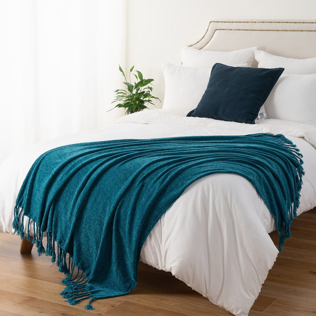 Decorative Fringe Velvety Throw Blanket for Sofa Home Decor, Chenille Throw Blanket for Couch, 50"x60"