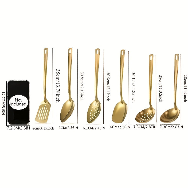 6pcs Set of Korean Style Stainless Steel Golden-plated Kitchen Utensils: Home Cooking Spoons, Frying Flip Spoons - Essential Luxury Golden Service Spoons with Filters and Hot Pot Clips, Perfect for Cooking, Buffets, Restaurant Banquets