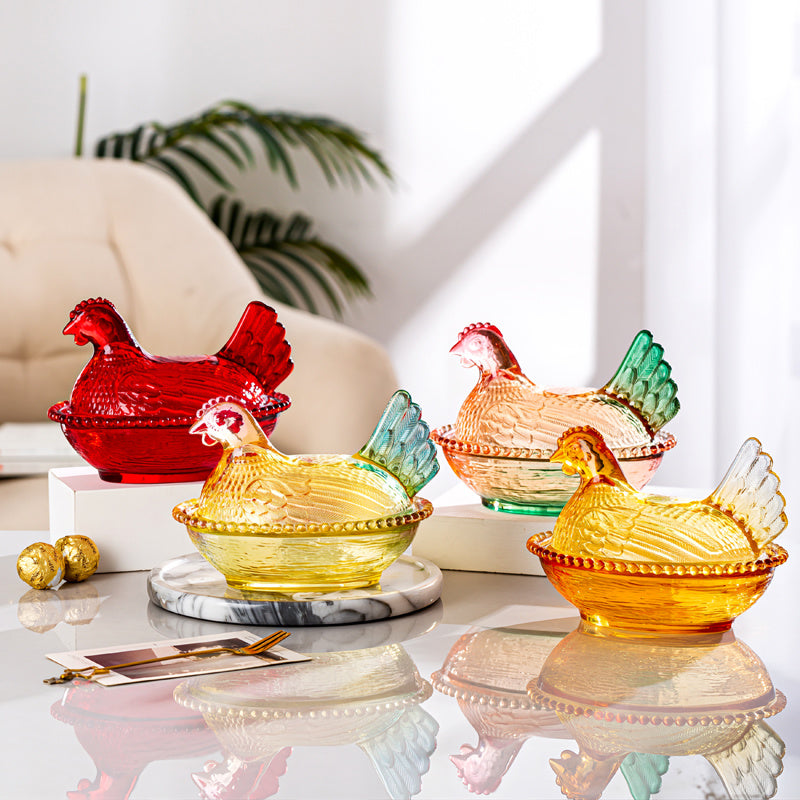 Adorable Candy-Colored Chicken-Shaped Crystal Glass Storage Jar with Lid and Placemats - Perfect Table or Desk Ornament Decorative Dish - Ideal for Candy, Snacks, Jewelry, or Desktop Decor, Organizing Supplies, Kitchen Accessories - Home Storage