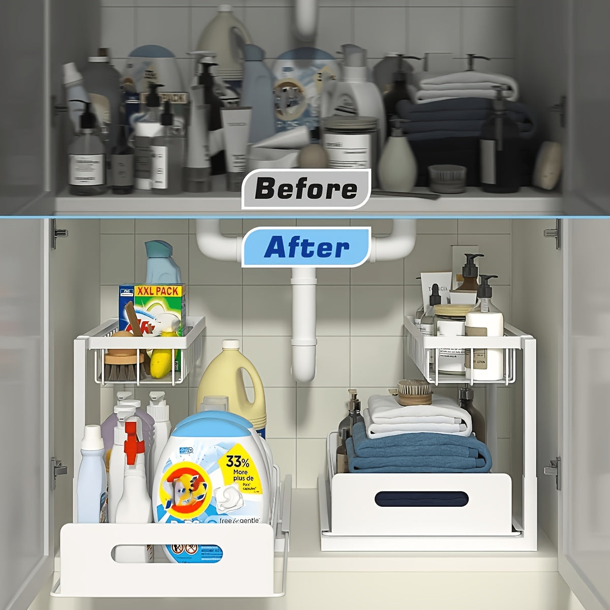 1pc Kitchen Storage Rack for Sink Organization And Storage, Sink Organizer, Sliding Pull-Out Cabinet Organizer, Metal Sliding Drawer, for Kitchen, Bathroom, Refrigerator, And Cabinet Organization, Easy And Practical Essential Kitchen Storage Item