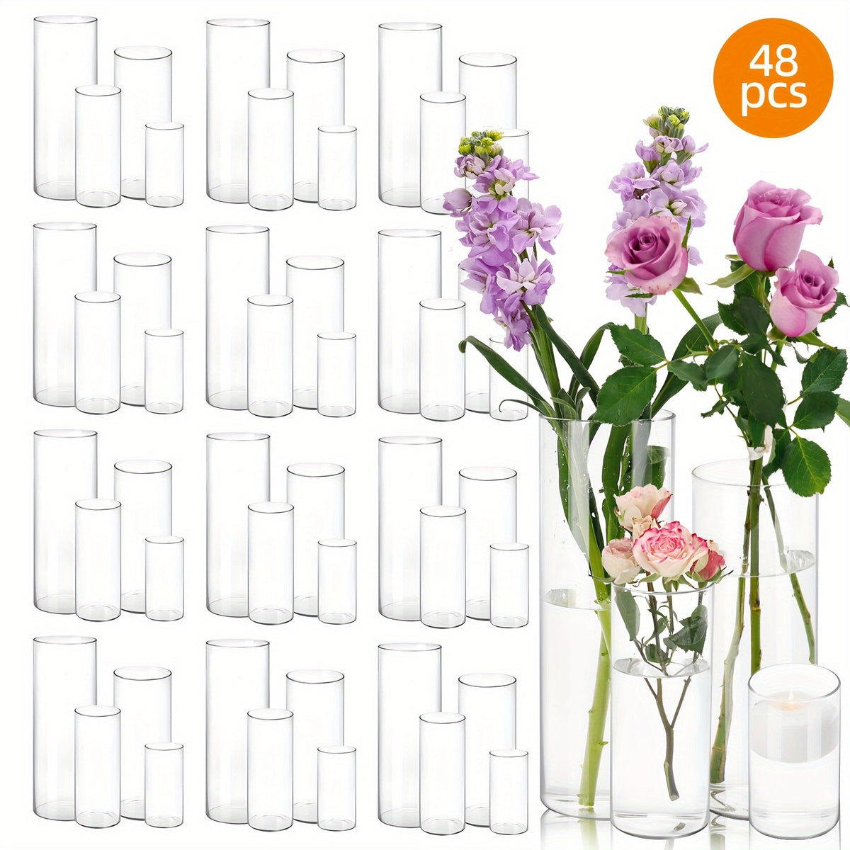 TOMNK 4/12/24/48/80pcs Clear Glass Cylinder Vases, 4, 6, 8, 10 Inch Tall Cylinder Vases for Centerpieces, Glass Flower Vase, Hurricane Floating Candle Holder Vase for Kitchen, Party, Wedding, Home Decor, for Halloween, Christmas