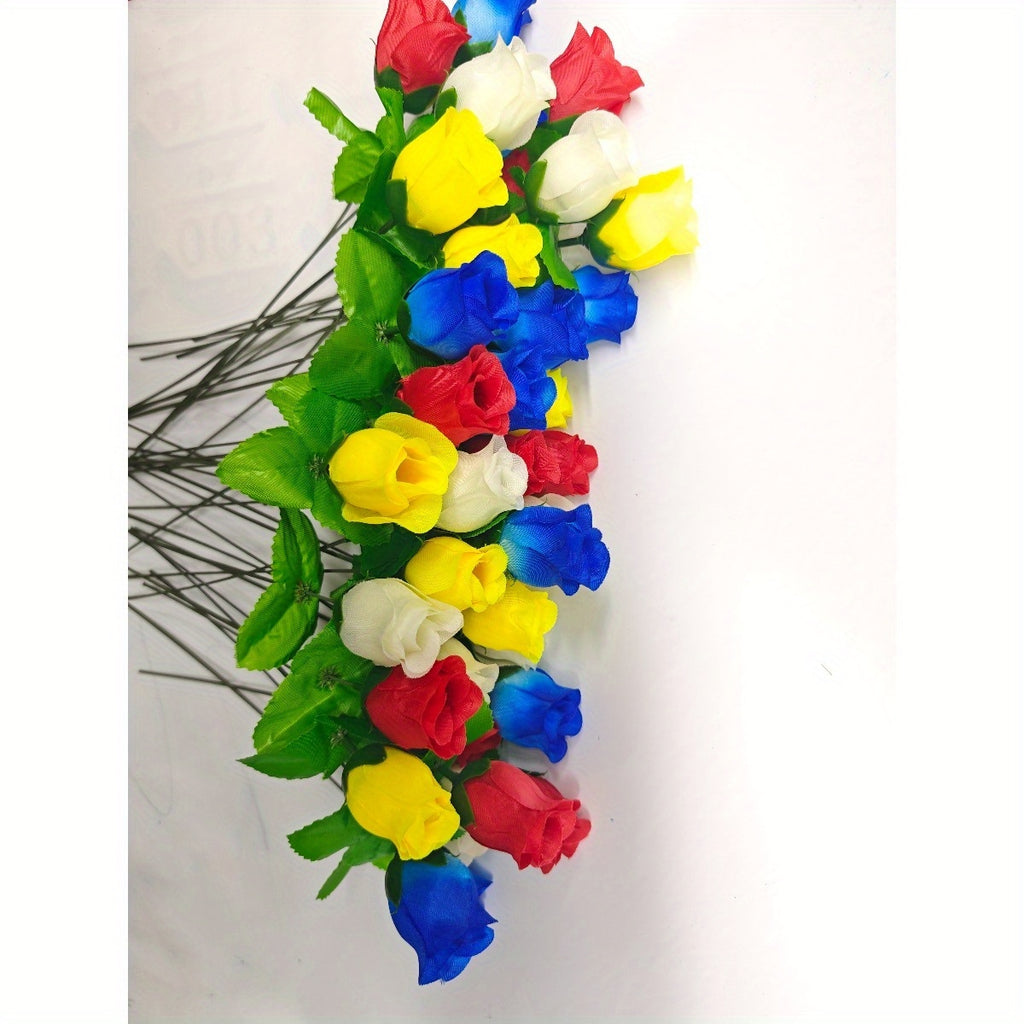 Artificial Plastic Rose Flowers, 32-Piece Mixed Color Set with 8 Red White Yellow and Blue Roses Each for Porch, Balcony, Courtyard and Indoor Decor