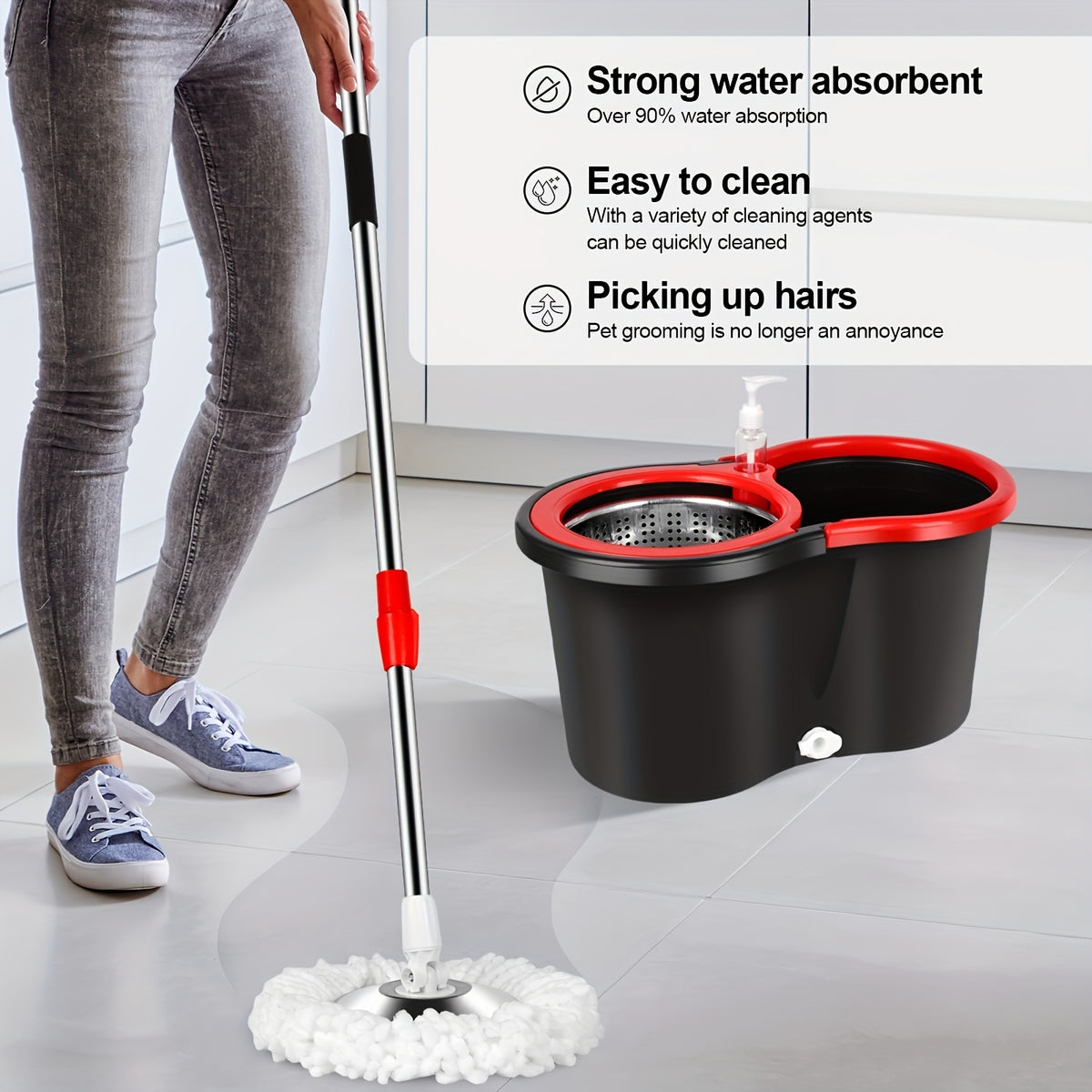 Mop Bucket Set, Spin Mop And Bucket And Wringer Set, Bathroom Mop Bucket, 360° Spin Mop Bucket System with 3 Microfiber Mop Replacement Heads And 61 Inch Adjustable Handle for Floor Cleaning, Holiday Cleaning, Christmas Cleaning