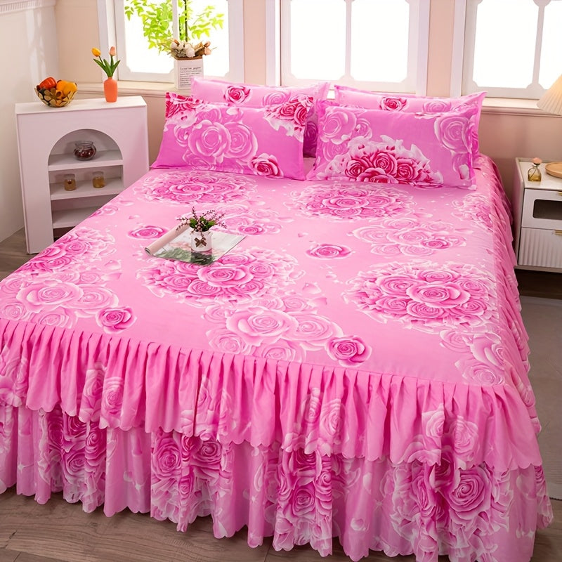 Set of 3 (1 Bed Skirt And 2 Pillowcases) Featuring a Double-Layered Hem, Adorned with a Plant And Flower Design. Includes a Dust-Proof Hem, Bed Sheet, Bed Cover, And Mattress Protector, All Machine Washable