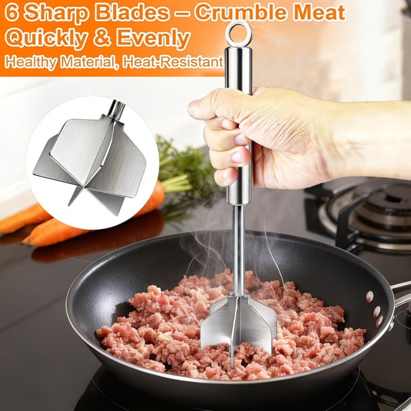 [Stainless Steel Meat Chopper] Meat Chopper 304 Stainless Steel Meat Chopper - With 6 Curved Blades, Heat Resistant Burger Meat Grinder, Non-Stick Mixing Chopper, Ground Beef Mashers, Potato Mashers Tools, Heavy Duty Food Grade Mixer Utensil for Home Meal