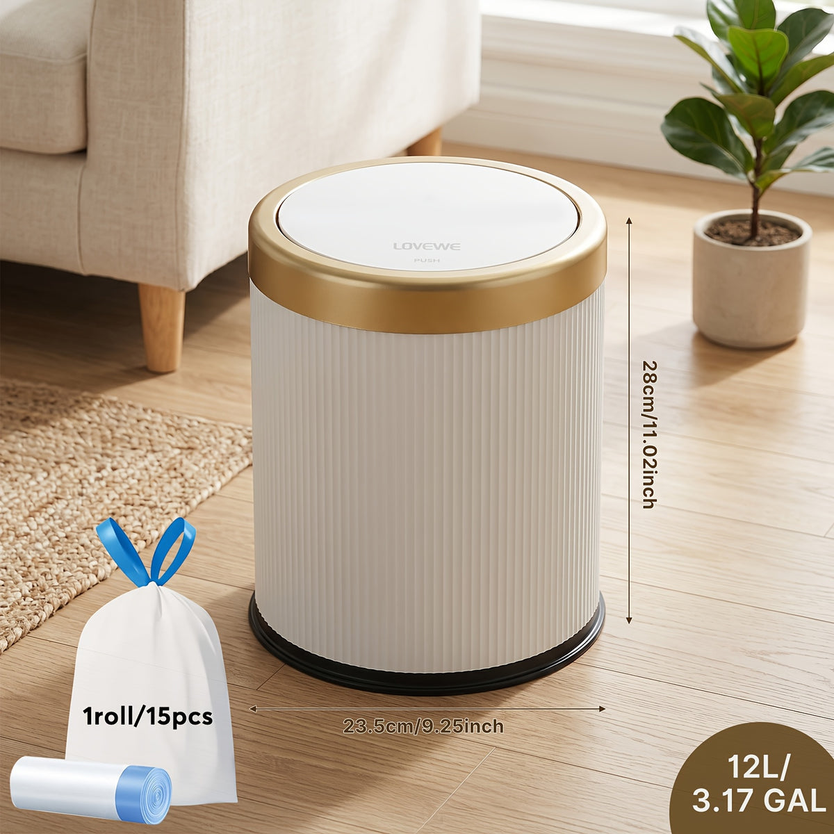 1pc 3.17gal Luxury Large Capacity Push-Lid Trash Can, Dual Inner Buckets, Bathroom Trash Can, Odor-Sealing Oval Garbage Bin, Modern Plastic Waste Container for Kitchen, Bedroom, Living Room, Bathroom. Gifts for Labor Day, Halloween, And Christmas